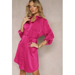 Sukienka Renee różowa z długimi rękawami casual mini z satyny na uczelnię  - zdjęcie produktu