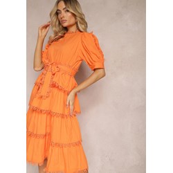 Sukienka pomarańczowy Renee midi z kokardką z długimi rękawami rozkloszowana  - zdjęcie produktu