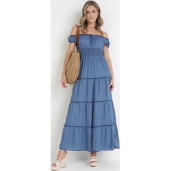 Sukienka niebieska Born2be z dekoltem typu hiszpanka rozkloszowana maxi  - zdjęcie produktu
