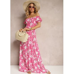 Sukienka Renee z dekoltem typu hiszpanka różowa maxi w kwiaty boho  - zdjęcie produktu