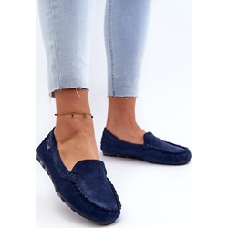 Mokasyny granatowe płaskie z zamszu  - zdjęcie produktu