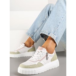 Buty sportowe damskie Born2be sneakersy na płaskiej podeszwie białe sznurowane skórzane  - zdjęcie produktu