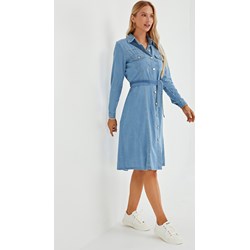 Sukienka Jacinshop niebieska casualowa mini z długimi rękawami z kołnierzykiem rozkloszowana  - zdjęcie produktu