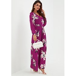Sukienka Jacinshop maxi w kwiaty z dekoltem w serek z długimi rękawami  - zdjęcie produktu