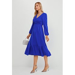 Sukienka Jacinshop niebieska rozkloszowana z dekoltem w serek z długim rękawem elegancka  - zdjęcie produktu