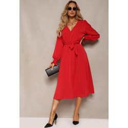 Sukienka czerwona Renee midi rozkloszowana w serek z długim rękawem  - zdjęcie produktu