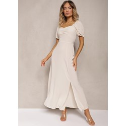Sukienka Renee beżowa w serek z krótkim rękawem elegancka  - zdjęcie produktu