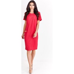 Czerwona sukienka Fokus z poliestru z okrągłym dekoltem bez wzorów z krótkim rękawem  - zdjęcie produktu