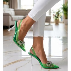 Czółenka Pantofelek24 zielone na wysokim obcasie bez zapięcia  - zdjęcie produktu