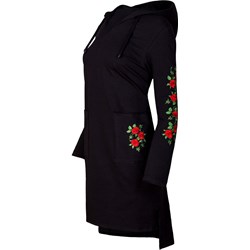 Bluzka damska czarna JK Collection z elastanu z kapturem na wiosnę z haftem z długim rękawem  - zdjęcie produktu