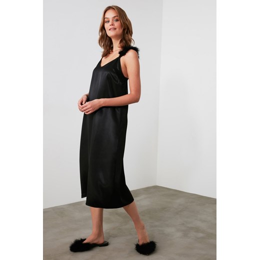 Trendyol Black Straps Feathered Satin Nightgown Trendyol M Factcool