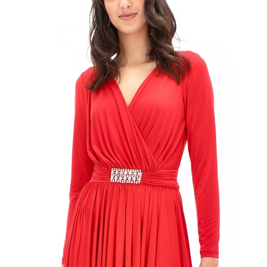 Elegancka czerwona sukienka z ozdobną klamrą L'AF CINTY 38 Eye For Fashion