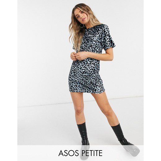 ASOS DESIGN Petite – T-shirtowa sukienka mini z poduszkami na ramionach i krótkim rękawem, z szarego aksamitu w panterkę-Szary 38 Asos Poland