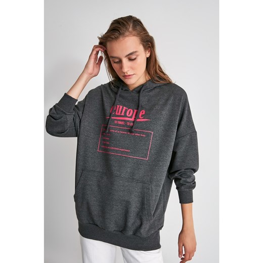 Trendyol Anthracite Printed Hoodie Long Oversize Knitting Sweatshirt Trendyol XS Factcool