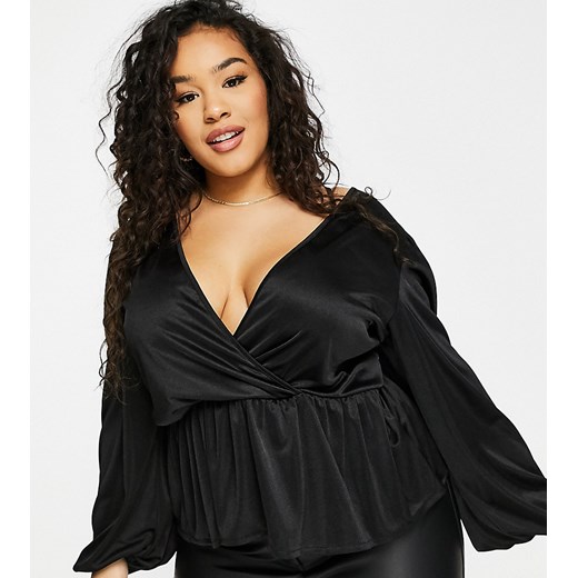 ASOS DESIGN Curve Exclusive – Czarna bluzka kopertowa z długim rękawem i baskinką-Czarny 48 Asos Poland