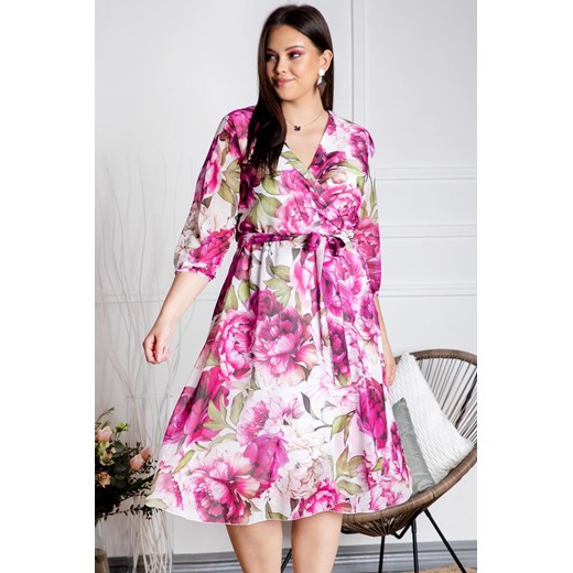 Sukienka kopertowa rozkloszowana szyfonowa SELENA ecru w różowe kwiaty i liście akwarela Plus Size karko.pl