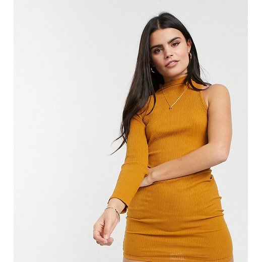 ASOS DESIGN Petite – Karmelowa prążkowana sukienka mini z jednym rękawem i półgolfem wycięta pod pachą-Brązowy 42 Asos Poland