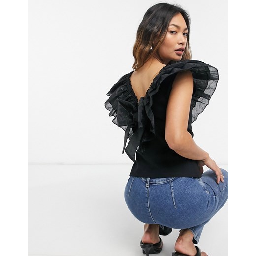 River Island – Czarny top wykończony organzą z kokardą na plecach River Island 36 Asos Poland