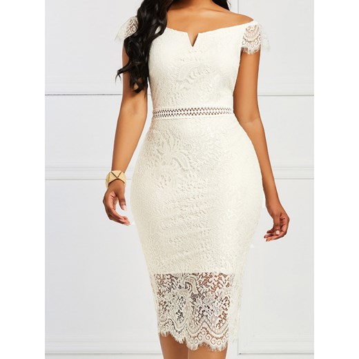 Sukienka Elegrina elegancka biała z krótkim rękawem dopasowana