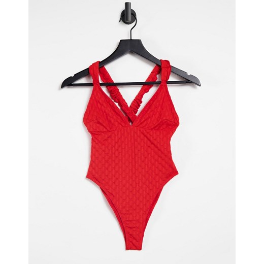 ASOS DESIGN Fuller Bust – Czerwony, teksturowany strój kąpielowy z falbankami i skrzyżowanymi ramiączkami 40 G/H Asos Poland