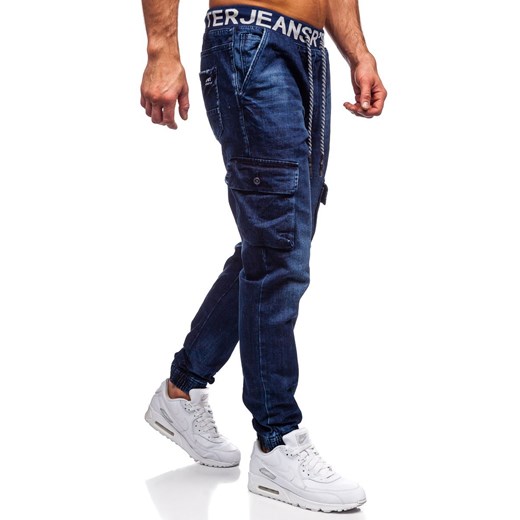 Granatowe jeansowe joggery bojówki spodnie męskie slim fit Denley 51002W0 S promocyjna cena Denley