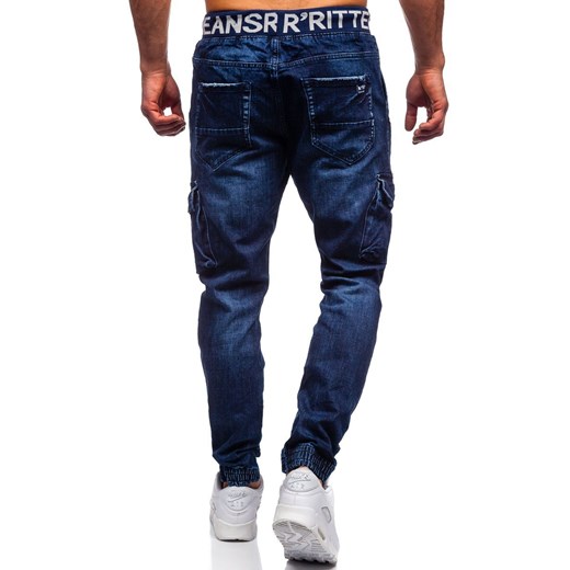 Granatowe jeansowe joggery bojówki spodnie męskie slim fit Denley 51002W0 XL promocja Denley