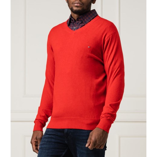 Sweter męski czerwony Tommy Hilfiger casual w serek 