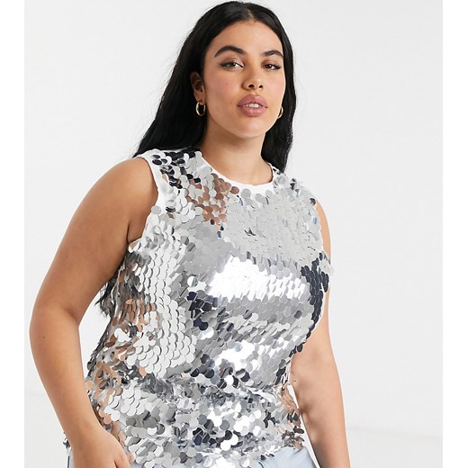 Never Fully Dressed Plus – Srebrny top z zabudowanym dekoltem z dużymi okrągłymi cekinami Never Fully Dressed Plus 48 Asos Poland