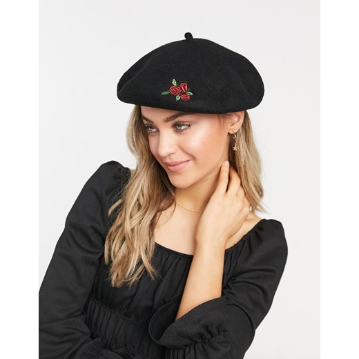 Monki – Holiday – Czarny beret z wyhaftowaną różą Monki One Size Asos Poland