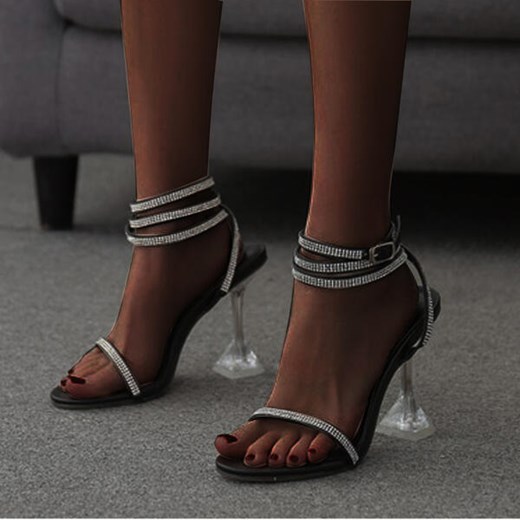 Duży wysoki obcas szpic błyszczące modne impreza eleganckie wiązane damskie buty sandałki czarny szpilki Sandbella sandbella