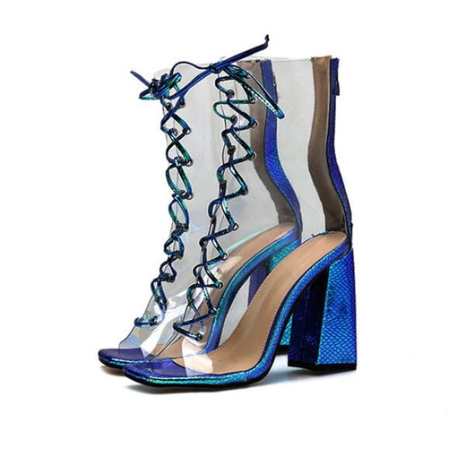 Duży wysoki obcas bez palców słupek glamour błyszczące wiązane przeźroczyste damskie buty botki niebieski botki Sandbella sandbella