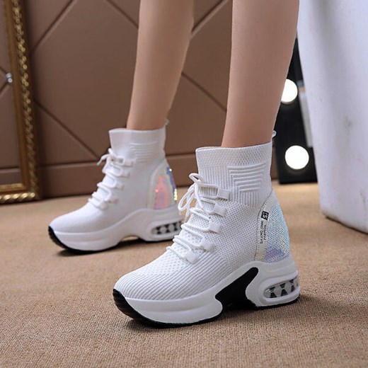 Wysokie zabudowane wiązane koturn sportowe modne sneakersy damskie buty biały buty Sandbella sandbella