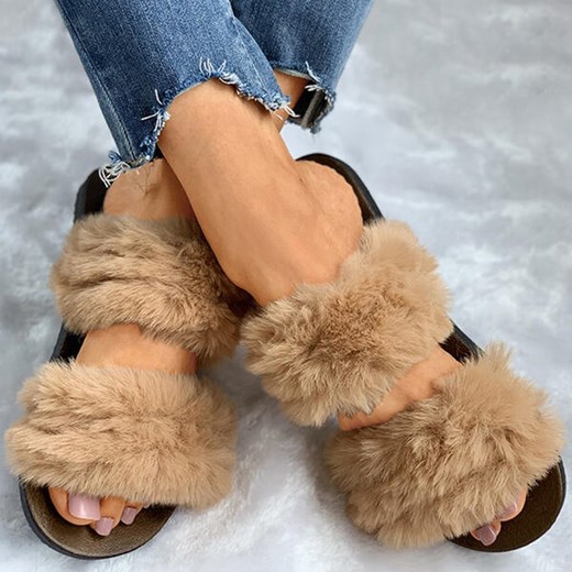 Odkryte palce lekkie miękkie klapki futerko damskie kapcie khaki buty Sandbella sandbella