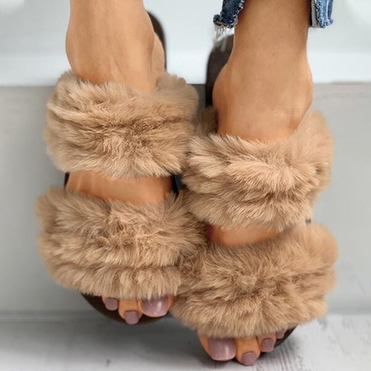 Odkryte palce lekkie miękkie klapki futerko damskie kapcie khaki buty Sandbella sandbella