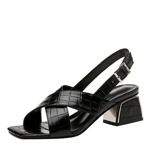 Mały niski obcas słupek kwadratowe modne wężowy wzór zapięcie eleganckie damskie buty sandały czarny sandały Sandbella sandbella
