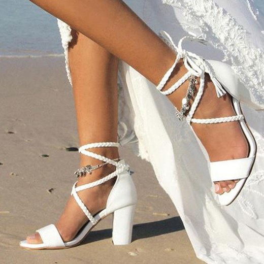 Średni obcas słupek modne jednolite causal wiązane damskie sandałki buty biały czółenka Sandbella sandbella