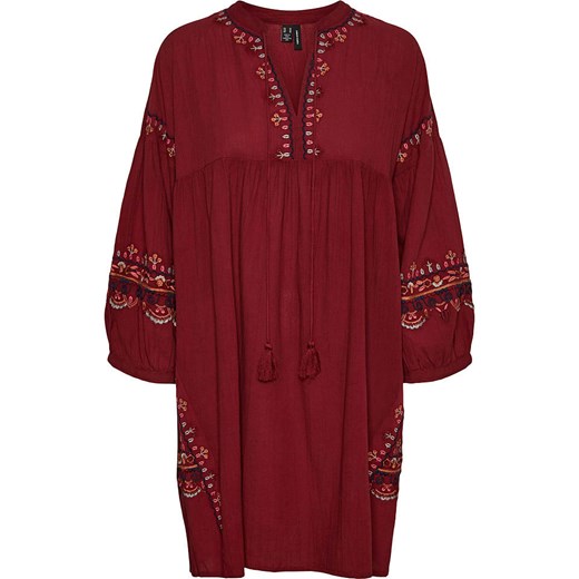 Czerwona sukienka Vero Moda mini oversize z haftem z długimi rękawami luźna