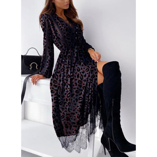 Maxi za kolano długi rękaw dekolt V głęboki wzór cętki panterka koronka elegancka tiul suknia purpurowy sukienka (S) Sandbella XL sandbella