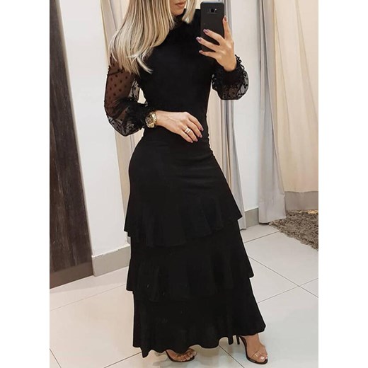 Maxi za kolano długi rękaw dekolt przeźroczyste bufki falbany elegancka impreza suknia czarny sukienka (S) Sandbella XL sandbella