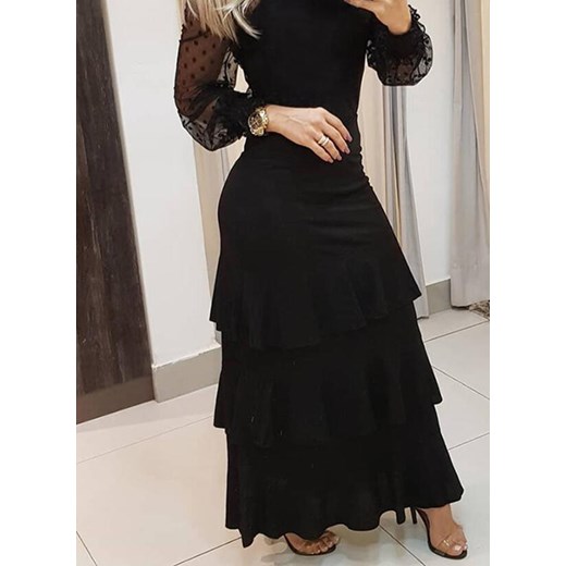 Maxi za kolano długi rękaw dekolt przeźroczyste bufki falbany elegancka impreza suknia czarny sukienka (S) Sandbella S sandbella