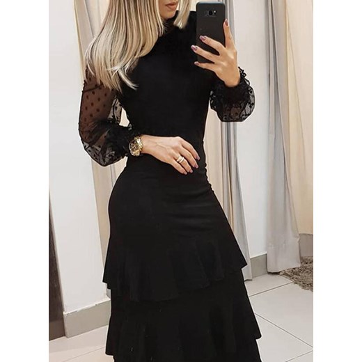 Maxi za kolano długi rękaw dekolt przeźroczyste bufki falbany elegancka impreza suknia czarny sukienka (S) Sandbella M sandbella