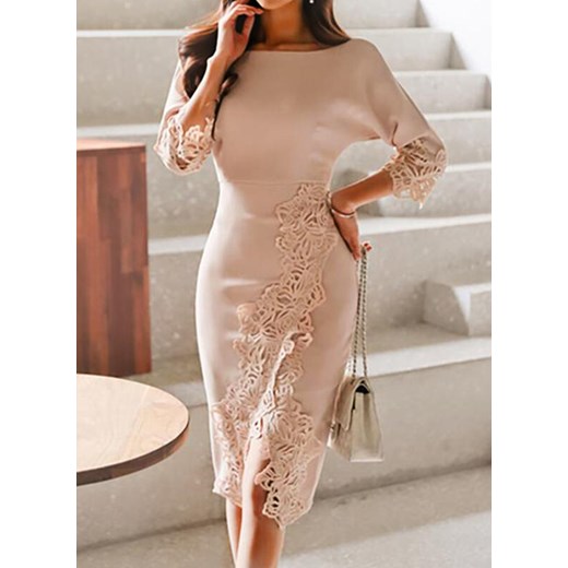 Midi za kolano 3/4 rękaw dekolt prosty koronka jednolita obcisła elegancka suknia morelowy sukienka (S) Sandbella XL sandbella