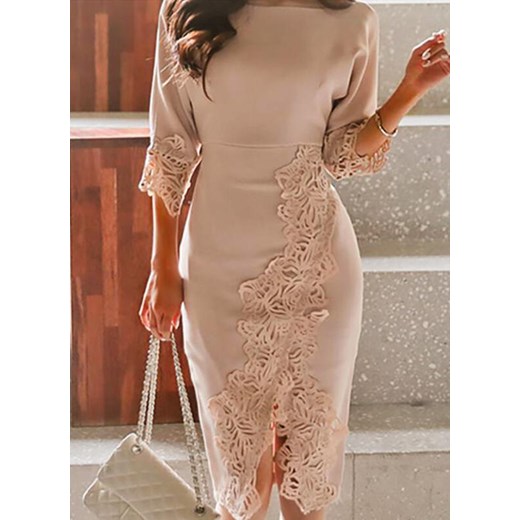 Midi za kolano 3/4 rękaw dekolt prosty koronka jednolita obcisła elegancka suknia morelowy sukienka (S) Sandbella L sandbella