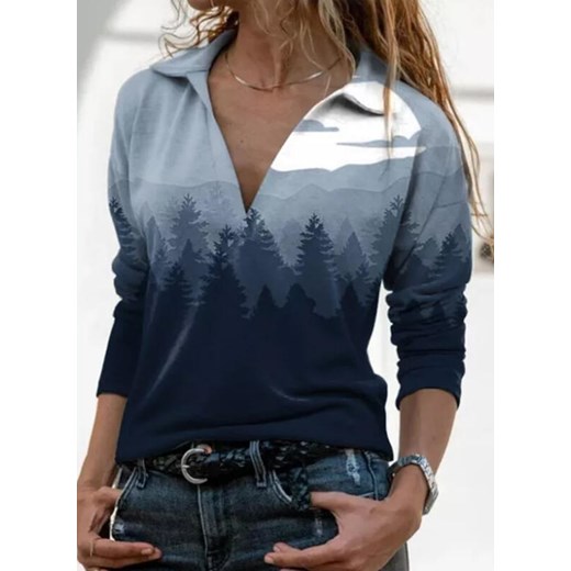 Długi rękaw dekolt V kołnierzyk grafika wzór luźna top casual koszula niebieski bluzka (S) Sandbella S sandbella