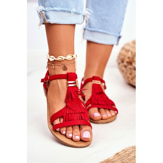 Fj1 sandały damskie zamszowe płaskie z klamrą 