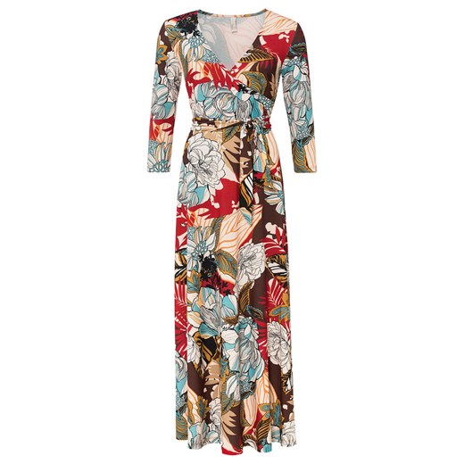 Bonprix sukienka wielokolorowa maxi z dekoltem v z długim rękawem 