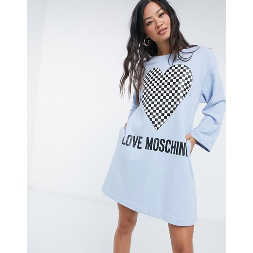 Love Moschino – Niebieska sukienka z sercem w szachownicę-Niebieski Love Moschino IT 42 wyprzedaż Asos Poland