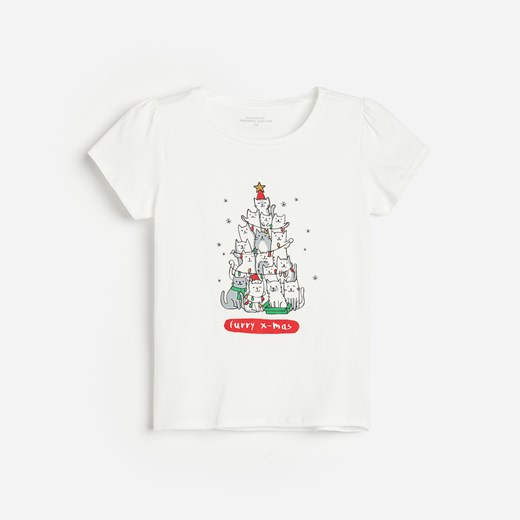 Reserved - T-shirt ze świątecznym nadrukiem - Kremowy Reserved 146 okazja Reserved