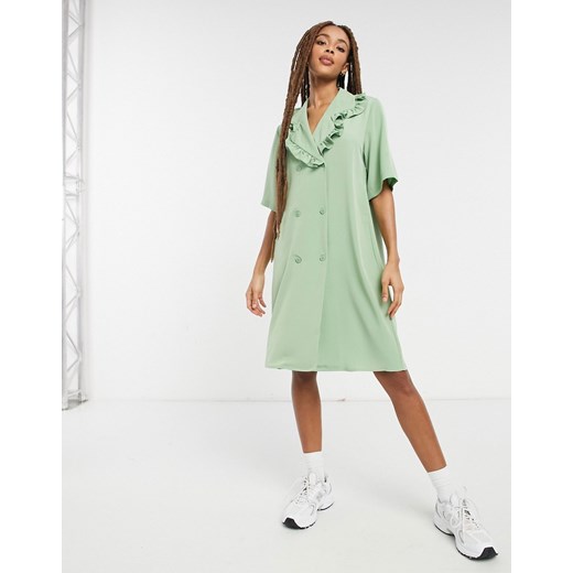 Monki – Marian – Zielona sukienka mini z falbaniastym kołnierzem-Zielony Monki XS Asos Poland