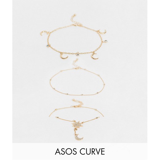 ASOS DESIGN Curve – 3 łańcuszki na kostkę w złotym odcieniu z zawieszkami w kształcie gwiazdy i księżyca No Size Asos Poland